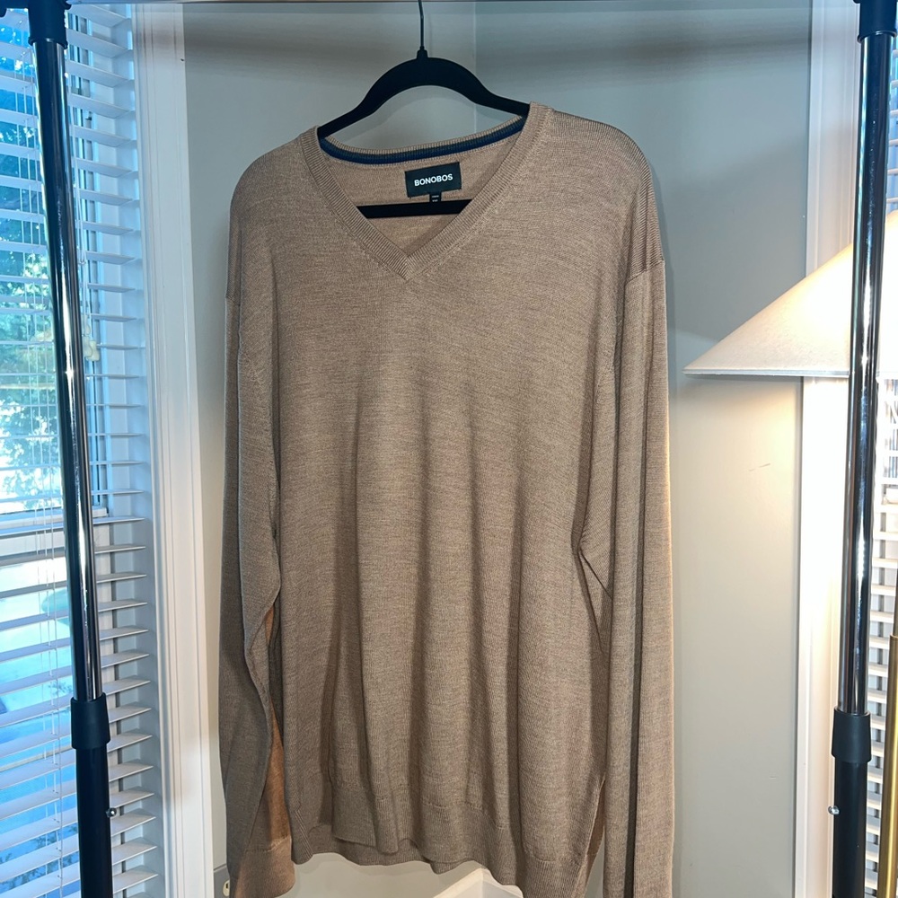 Bonobos Camel V-Neck Sweater Lightweight 100% Extra Fine Merino Wool - XXL